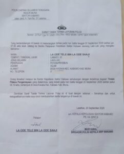 Laporan Polisi bernomor STTLP/27/IX/2025/SULTRA/RES MUNA/SPKT SEK KABAWO yang diajukan La Ode Tele pada 20 September 2025 terkait dugaan penganiayaan oleh Kades Kasaka. Foto: Dokumentasi Media Pikiran Lokal
