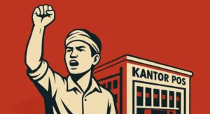 Gambar ilustrasi : seorang pemuda dengan tangan terkepal tinggi sebagai simbol semangat juang Angkatan Muda PTT (Pos, Telegraf, dan Telepon) dalam merebut gedung PTT dari tangan Jepang pada 27 September 1945 di Bandung.